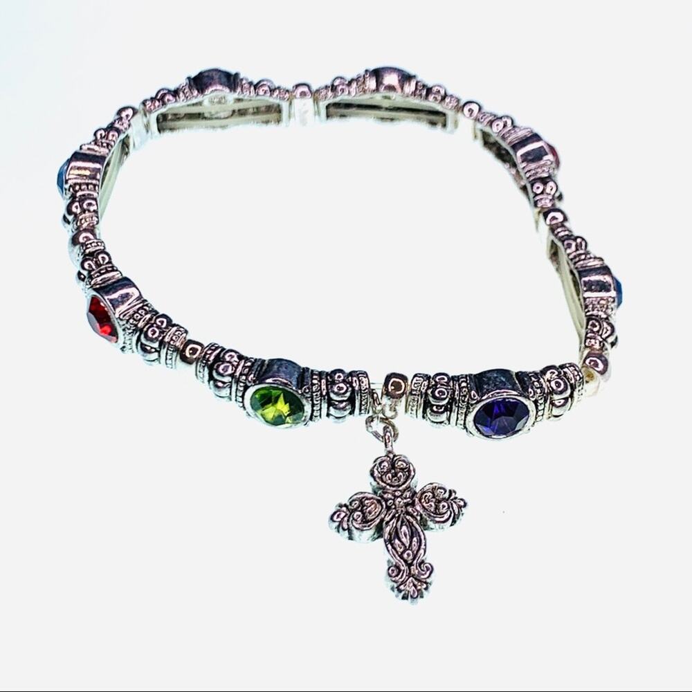 Silver color bracelet cross charm multicolored
